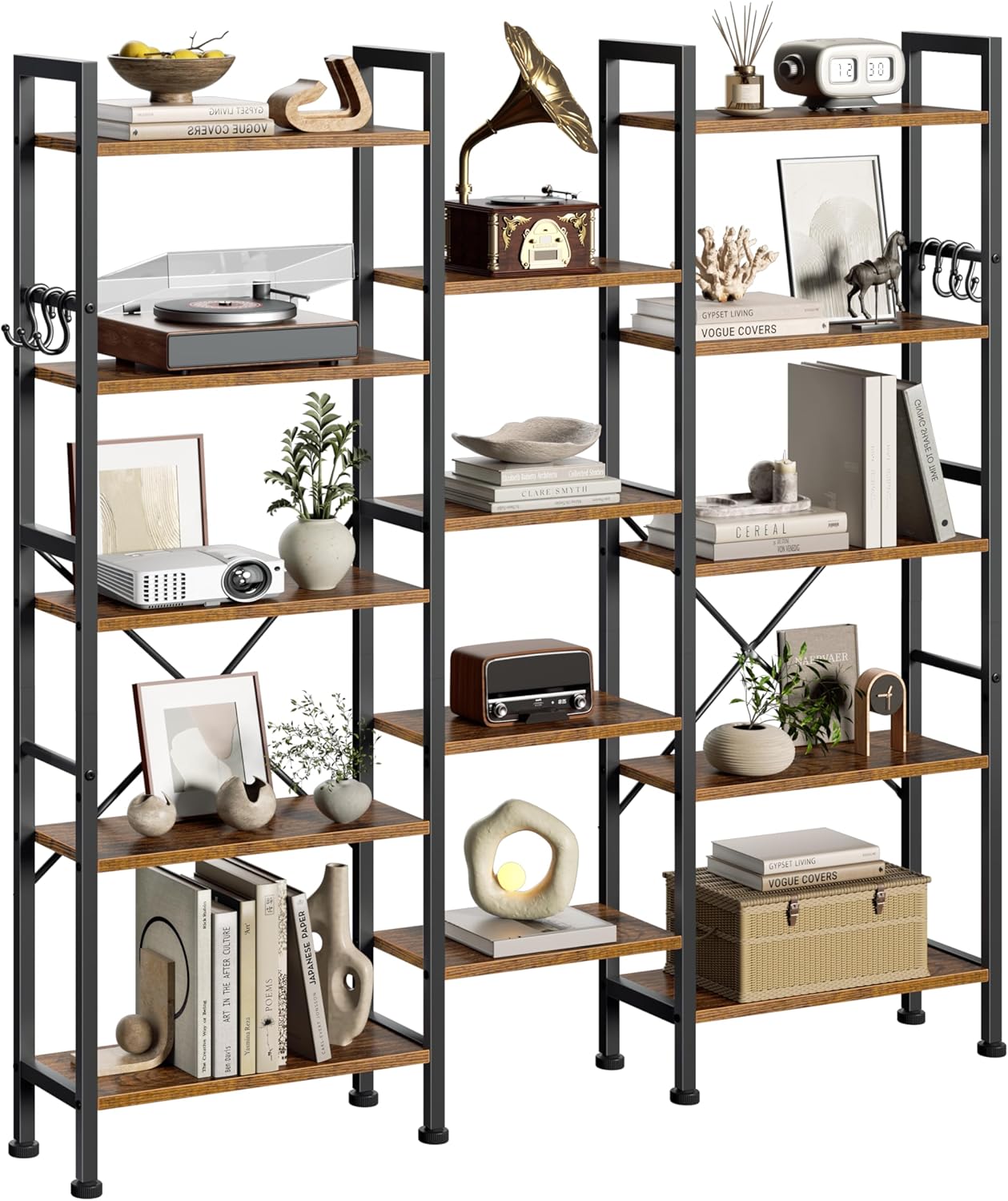 Furologee Triple 5 Tier Bookshelf, Bookcase with 14 Open Display Shelves, Wood and Metal Shelf Storage Organizer,Industrial Wide Shelving Unit for Living Room,Home Office,Rustic Brown