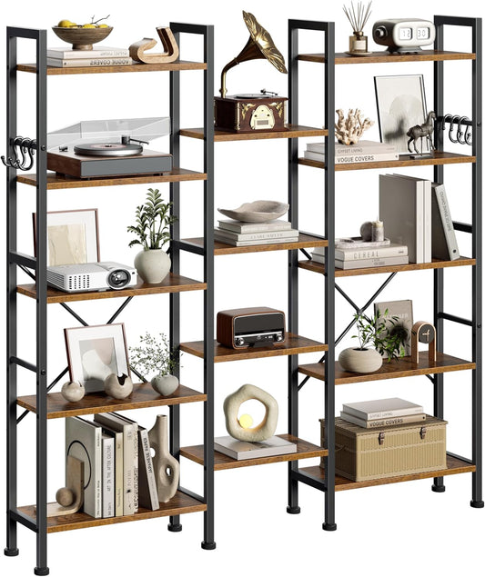 Furologee Triple 5 Tier Bookshelf, Bookcase with 14 Open Display Shelves, Wood and Metal Shelf Storage Organizer,Industrial Wide Shelving Unit for Living Room,Home Office,Rustic Brown