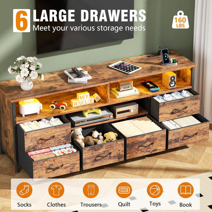 Furologee 55" Dresser TV Stand with LED & Charging Station – Media Console Table with 6 Drawers for Bedroom or Living Room