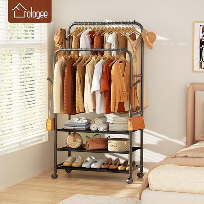 Furologee Double Rod Clothing Rack with Wheels – Portable Rolling Garment Rack for Bedroom, Laundry & Living Room