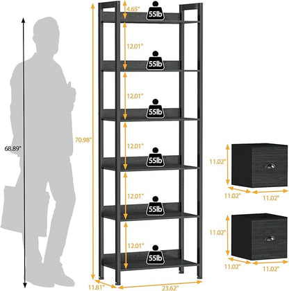 Furologee 5-Tier Bookshelf with Drawers – Tall Industrial Bookcase for Living Room or Office