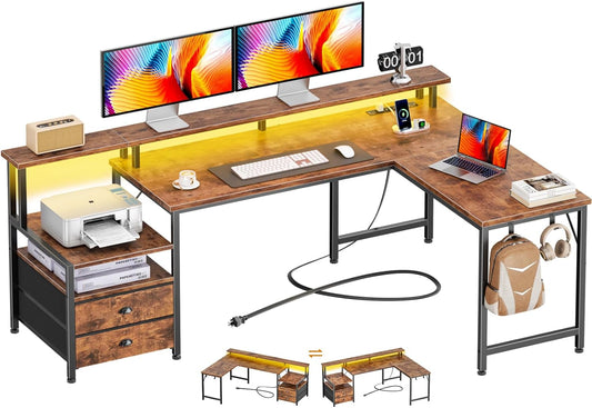 Furologee 66" L Shaped Computer Desk with Power Outlet & LED Lights, Reversible Corner Home Office Desk with 2 Drawers & Storage Shelves for Gaming, Large PC Table with Monitor Stand, Rustic Brown