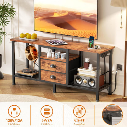 Furologee 42" TV Stand with 2 Fabric Drawers – Small Media Console with Open Storage Shelves for Bedroom & Living Room, Rustic Brown