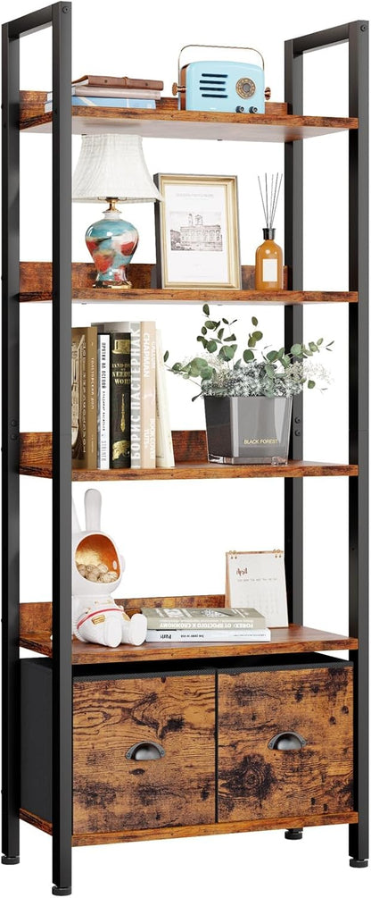 Furologee 5-Tier Bookshelf with Drawers – Tall Industrial Bookcase for Living Room or Office