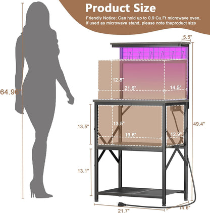 Furologee Kitchen Bakers Rack with LED Light & Outlet, Microwave Coffee Bar Stand with Storage Shelves & Hooks