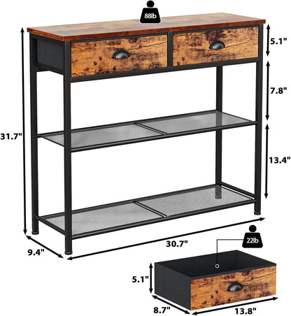 Furologee Entryway Console Table with 2 Fabric Drawers & Storage Shelf – Rustic Brown Hallway Sofa Table for Foyer or Entrance