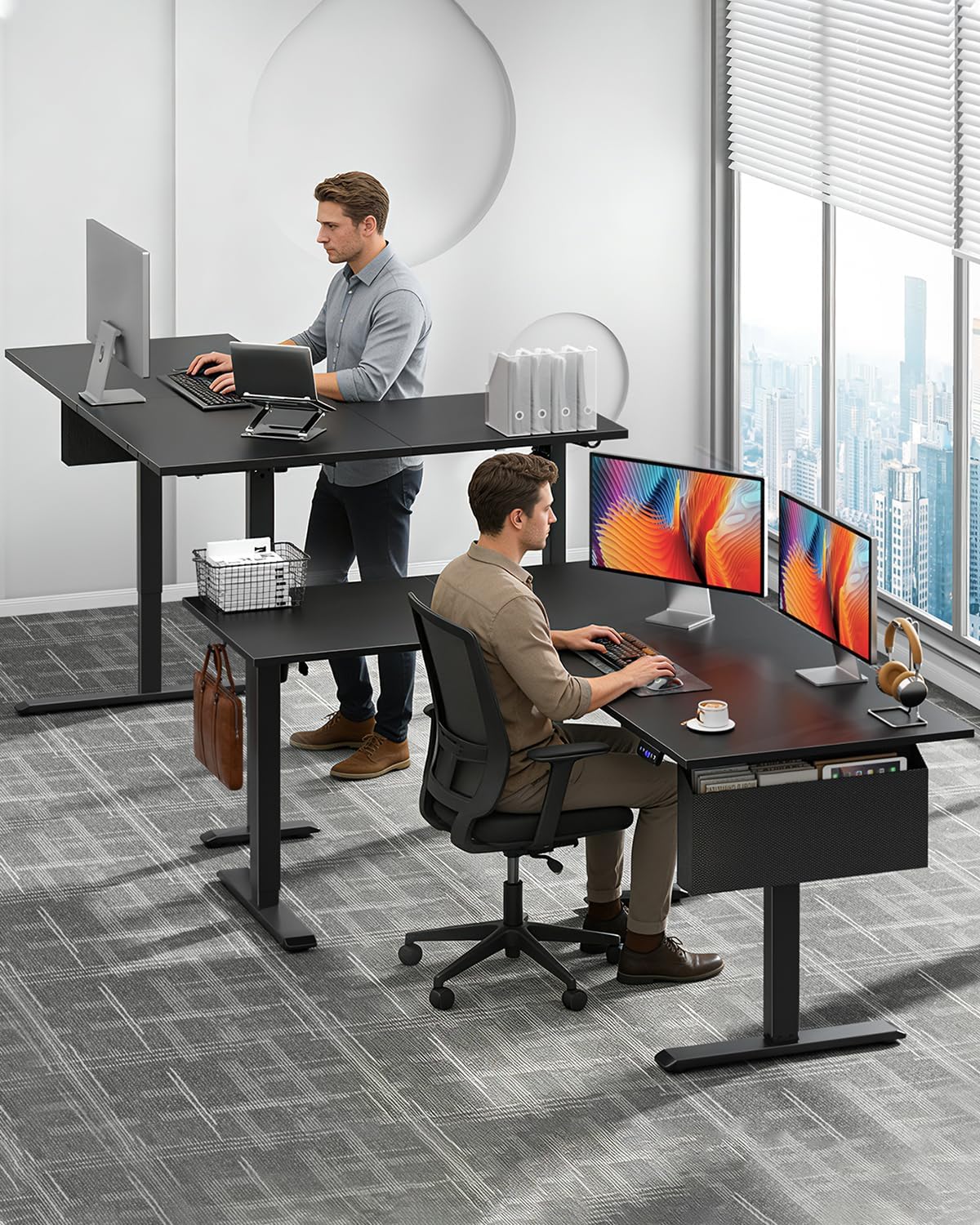 Furologee 63" L Shaped Standing Desk, Reversible Sit Stand up Computer Desk with Drawers Black