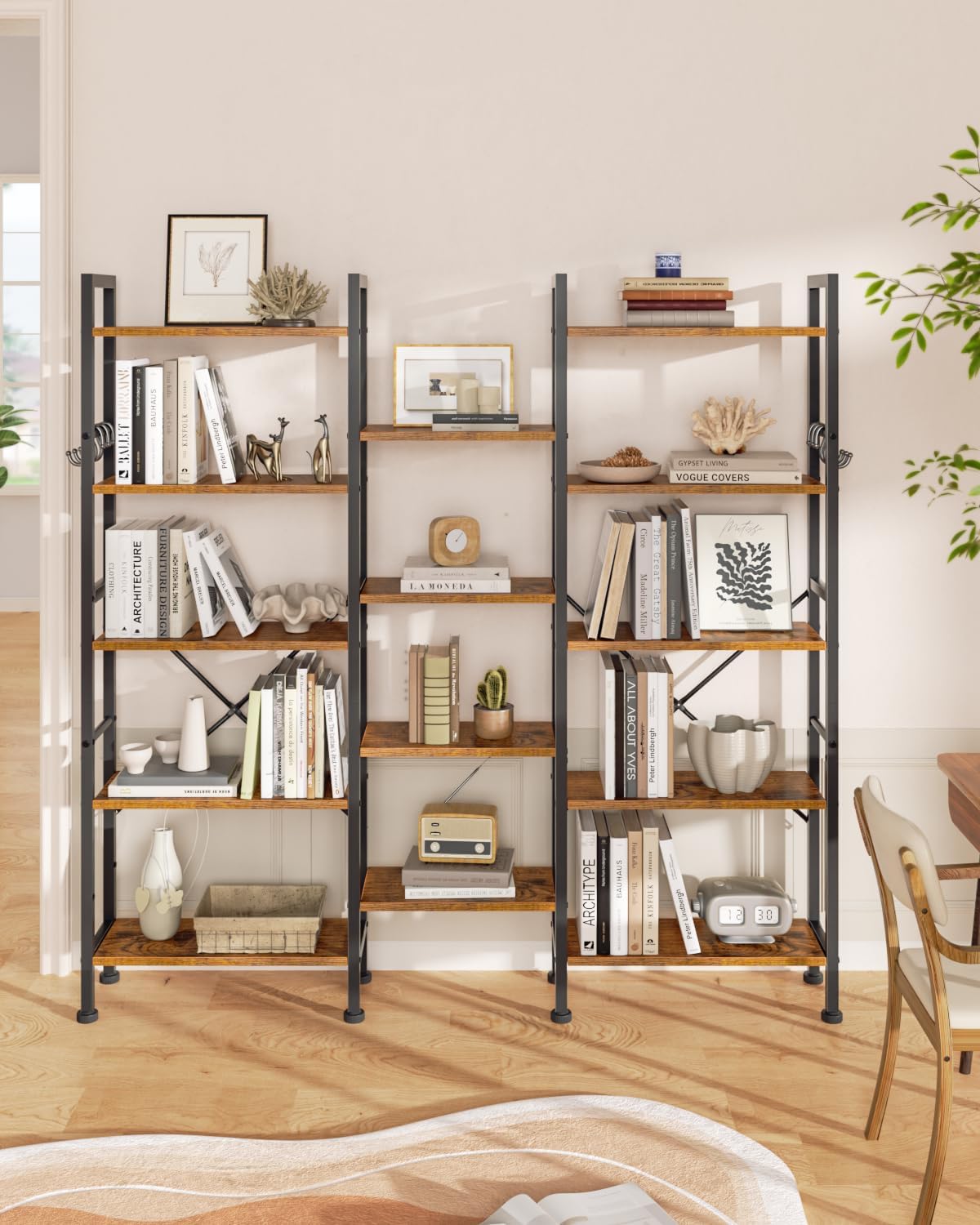 Furologee Triple 5 Tier Bookshelf, Bookcase with 14 Open Display Shelves, Wood and Metal Shelf Storage Organizer,Industrial Wide Shelving Unit for Living Room,Home Office,Rustic Brown