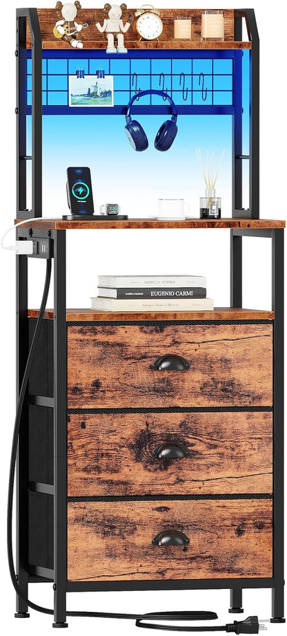 Furologee 40" Tall Nightstand with Charging Station, LED Lights & Storage – Bedside Table with Drawers & Pegboard
