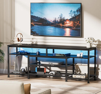 Furologee TV Stand with Power Outlets and LED Lights, 63 Inch Entertainment Center for 60 65 70 Inch TVs, Media Console Table with Open Shelves, for Bedroom, Living Room, Black
