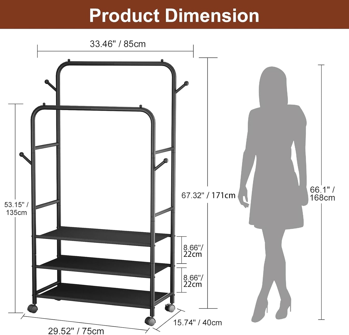 Furologee Double Rod Clothing Rack with Wheels – Portable Rolling Garment Rack for Bedroom, Laundry & Living Room