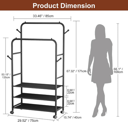 Furologee Double Rod Clothing Rack with Wheels – Portable Rolling Garment Rack for Bedroom, Laundry & Living Room