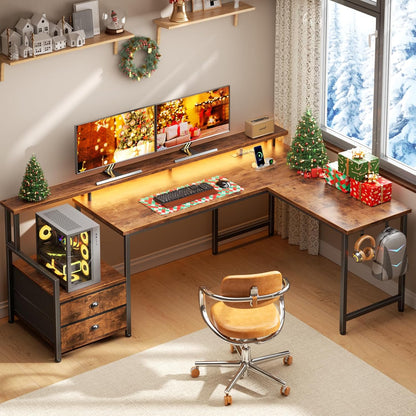 Furologee 66" L Shaped Computer Desk with Power Outlet & LED Lights, Reversible Corner Home Office Desk with 2 Drawers & Storage Shelves for Gaming, Large PC Table with Monitor Stand, Rustic Brown