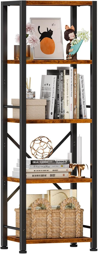 Furologee 5/6-Tier Narrow Bookshelf, Rustic Wood & Metal Display Shelf for Bedroom, Living Room, Home Office