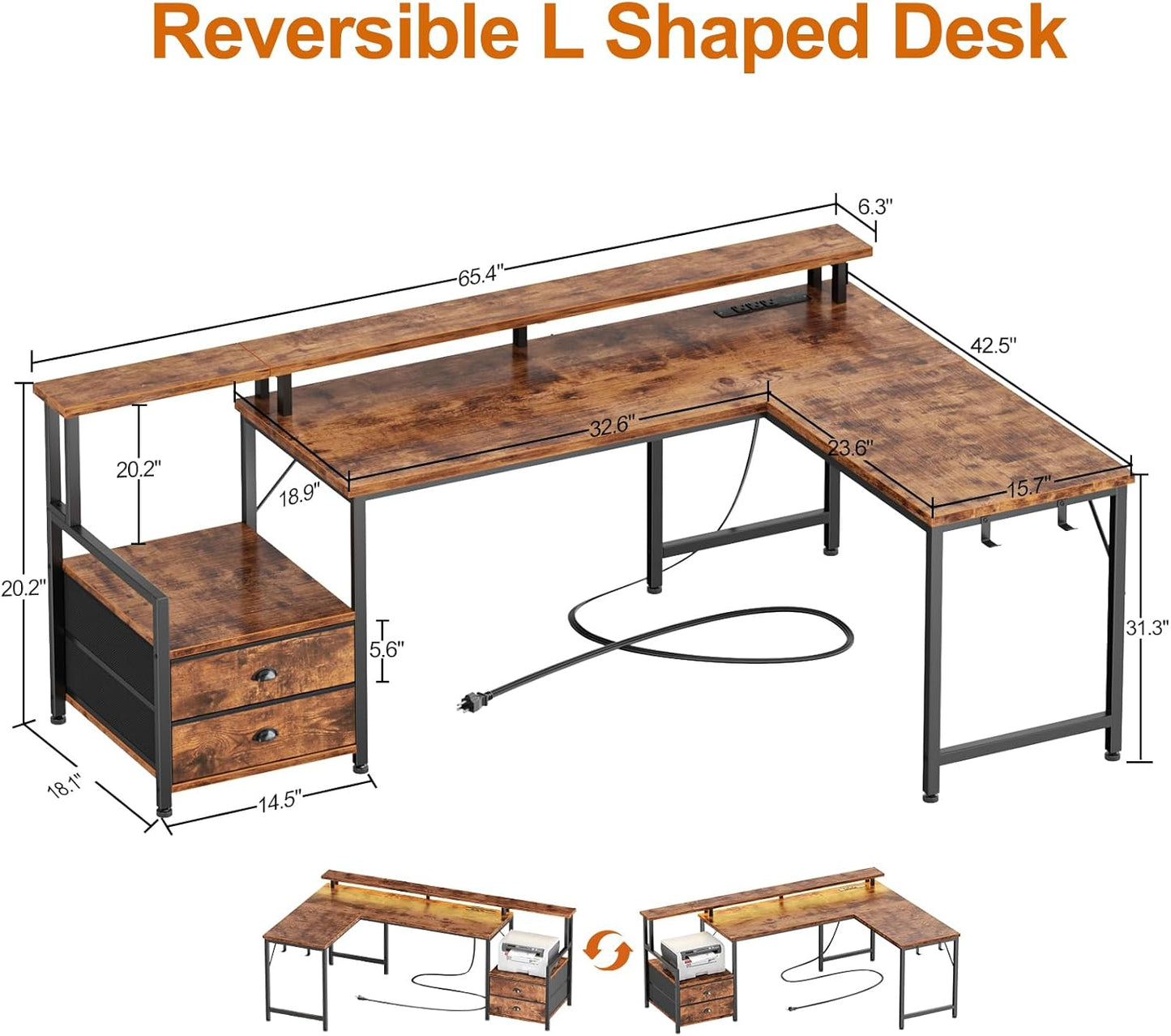 Furologee 66" L Shaped Computer Desk with Power Outlet & LED Lights, Reversible Corner Home Office Desk with 2 Drawers & Storage Shelves for Gaming, Large PC Table with Monitor Stand, Rustic Brown