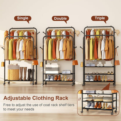 Furologee Double Rod Clothing Rack with Wheels – Portable Rolling Garment Rack for Bedroom, Laundry & Living Room