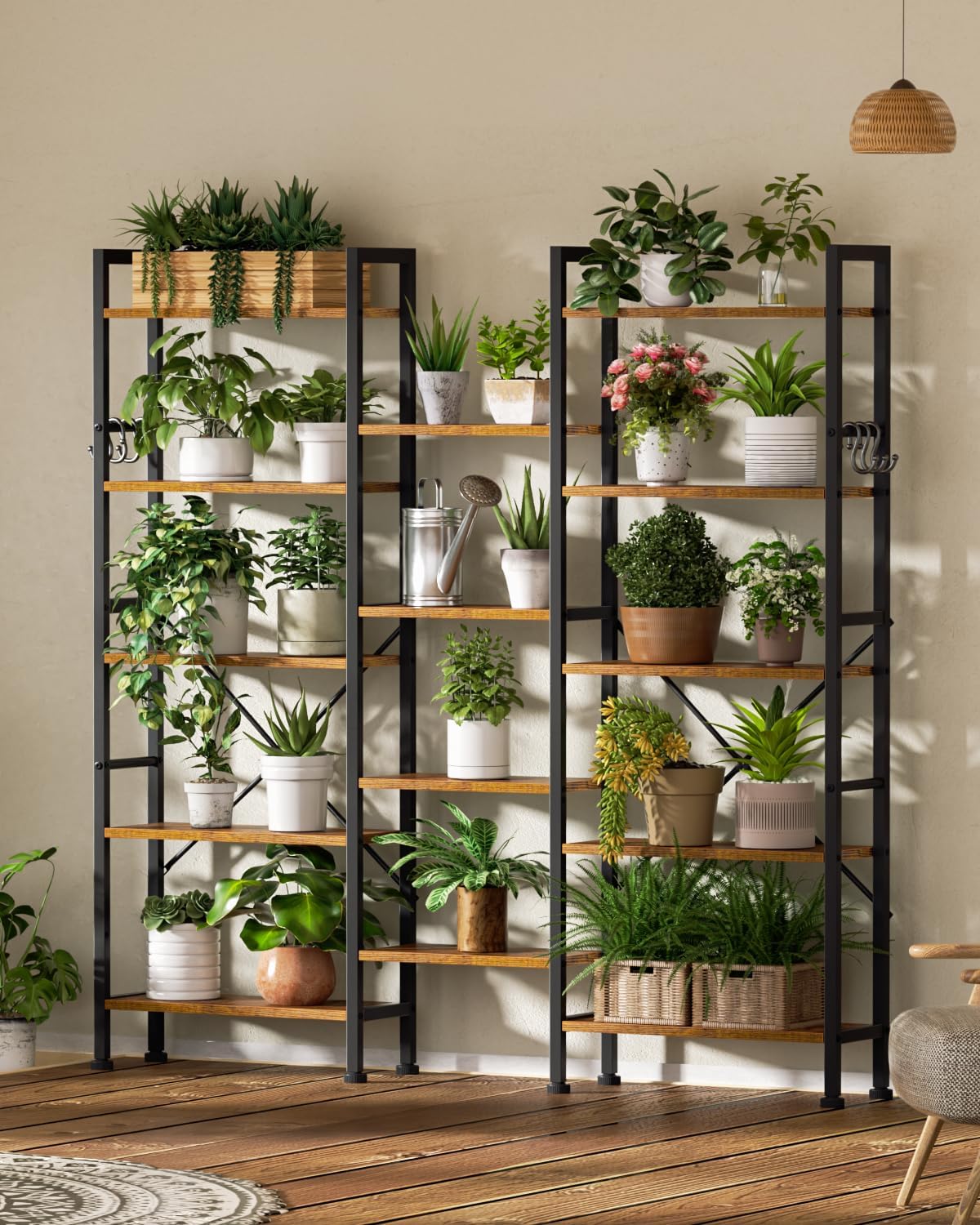 Furologee Triple 5 Tier Bookshelf, Bookcase with 14 Open Display Shelves, Wood and Metal Shelf Storage Organizer,Industrial Wide Shelving Unit for Living Room,Home Office,Rustic Brown