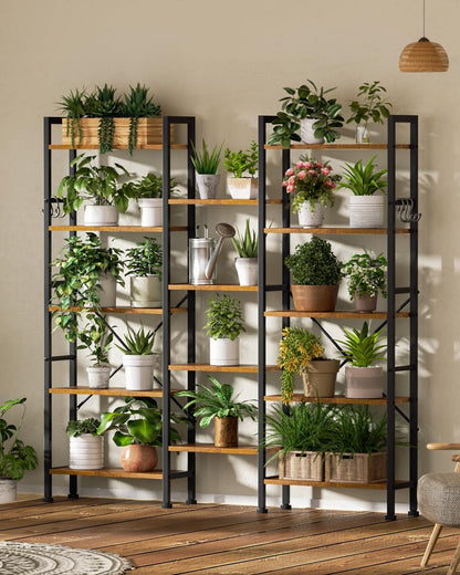 Furologee Triple 5 Tier Bookshelf, Bookcase with 14 Open Display Shelves, Wood and Metal Shelf Storage Organizer,Industrial Wide Shelving Unit for Living Room,Home Office,Rustic Brown