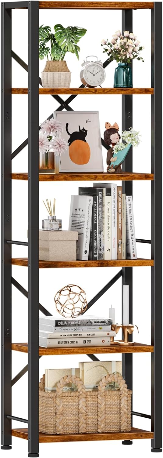 Furologee 5/6-Tier Narrow Bookshelf, Rustic Wood & Metal Display Shelf for Bedroom, Living Room, Home Office