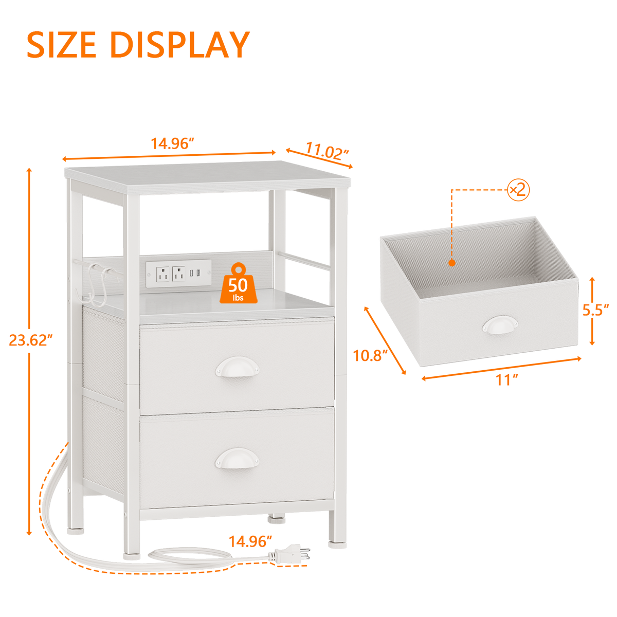 Furologee Night Stand with Charging Station, 2 Fabric Drawers, White
Night Stand with USB & Outlets, Side Table with Storage & Hooks, Industrial End Table for Living Room/Bedroom