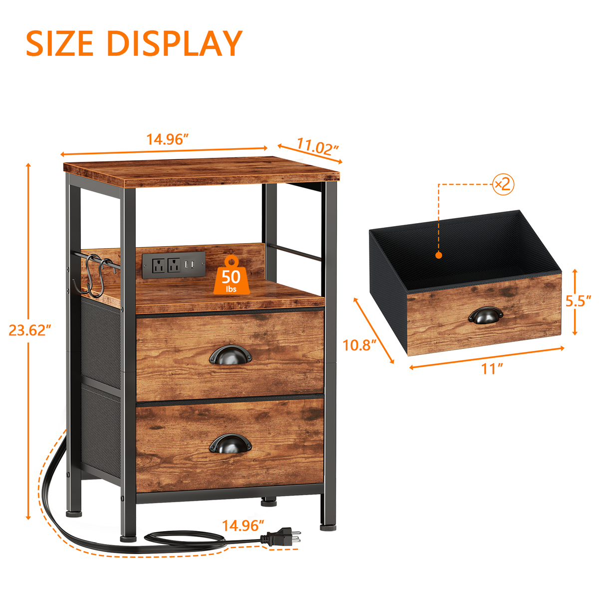 Furologee Nightstands Set of 2 with Charging Station, 2 Fabric Drawers
Night Stand Set 2 with USB & Outlets, Side Table with Storage, Industrial End Table, for Living Room/Bedroom, Rustic Brown