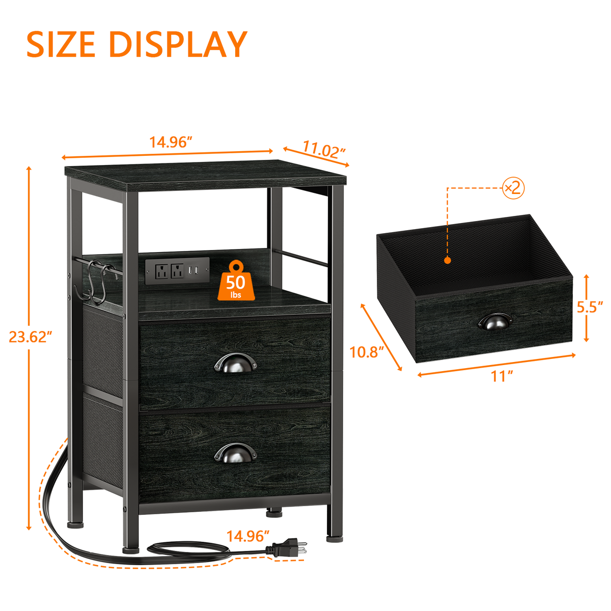 Furologee Nightstands Set of 2 with Charging Station, 2 Fabric Drawers
Night Stand Set 2 with USB & Outlets, Side Table with Storage, Industrial End Table, for Living Room/Bedroom, Dorm, Black Oak