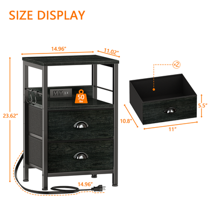 Furologee Nightstands Set of 2 with Charging Station, 2 Fabric Drawers
Night Stand Set 2 with USB & Outlets, Side Table with Storage, Industrial End Table, for Living Room/Bedroom, Dorm, Black Oak