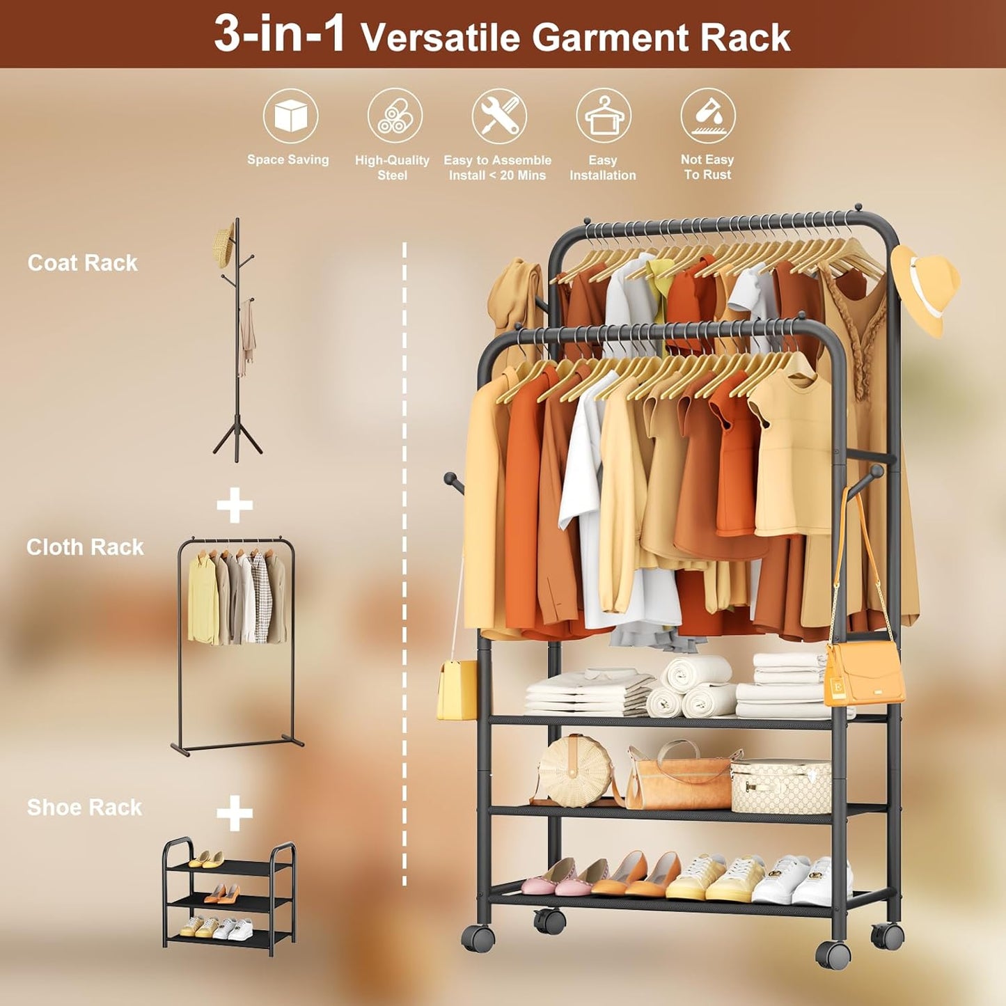 Furologee Double Rod Clothing Rack with Wheels – Portable Rolling Garment Rack for Bedroom, Laundry & Living Room