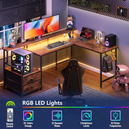 Furologee 66" L Shaped Computer Desk with Power Outlet & LED Lights, Reversible Corner Home Office Desk with 2 Drawers & Storage Shelves for Gaming, Large PC Table with Monitor Stand, Rustic Brown