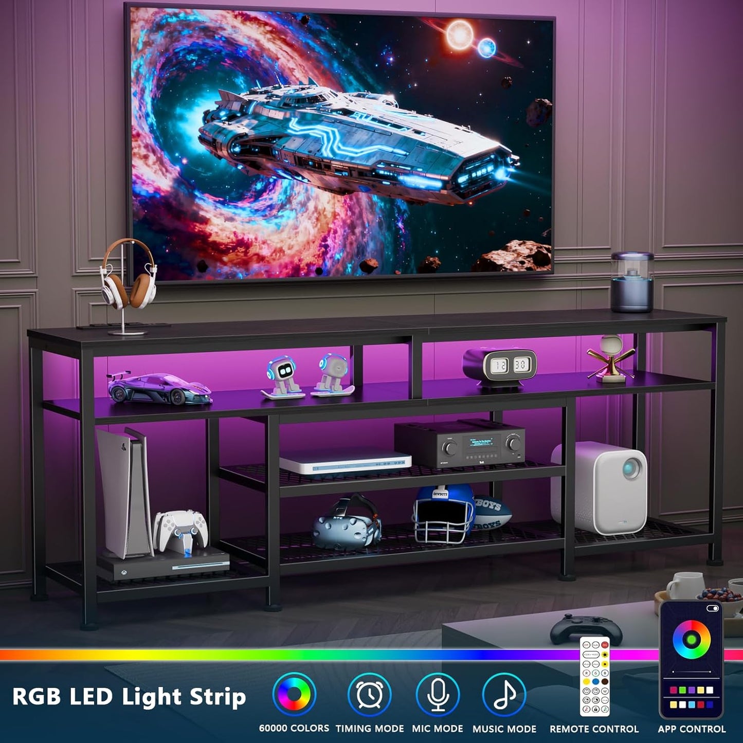 Furologee TV Stand with Power Outlets and LED Lights, 63 Inch Entertainment Center for 60 65 70 Inch TVs, Media Console Table with Open Shelves, for Bedroom, Living Room, Black