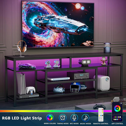 Furologee TV Stand with Power Outlets and LED Lights, 63 Inch Entertainment Center for 60 65 70 Inch TVs, Media Console Table with Open Shelves, for Bedroom, Living Room, Black