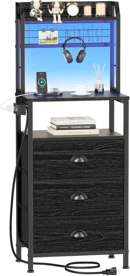 Furologee 40" Tall Nightstand with Charging Station, LED Lights & Storage – Bedside Table with Drawers & Pegboard