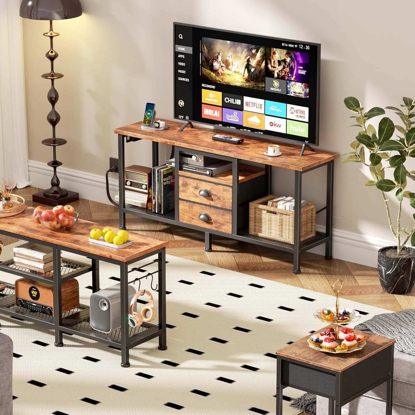 Furologee 42" TV Stand with 2 Fabric Drawers – Small Media Console with Open Storage Shelves for Bedroom & Living Room, Rustic Brown