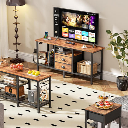 Furologee 42" TV Stand with 2 Fabric Drawers – Small Media Console with Open Storage Shelves for Bedroom & Living Room, Rustic Brown