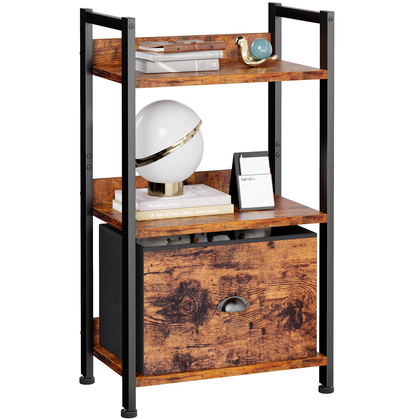 Furologee 3 Tier Bookshelf with Drawer, Small Bookcase with Shelves