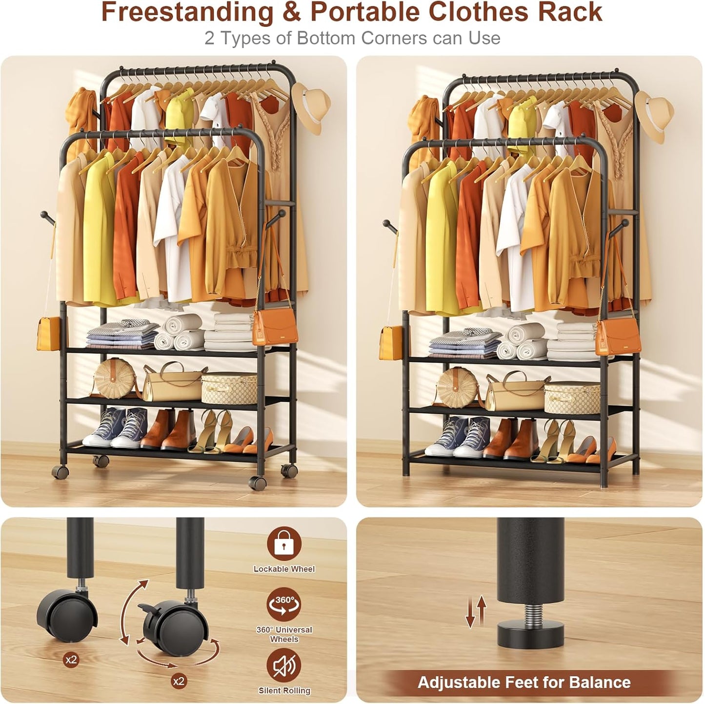 Furologee Double Rod Clothing Rack with Wheels – Portable Rolling Garment Rack for Bedroom, Laundry & Living Room