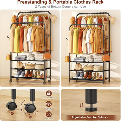 Furologee Double Rod Clothing Rack with Wheels – Portable Rolling Garment Rack for Bedroom, Laundry & Living Room