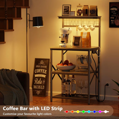 Furologee Kitchen Bakers Rack with LED Light & Outlet, Microwave Coffee Bar Stand with Storage Shelves & Hooks