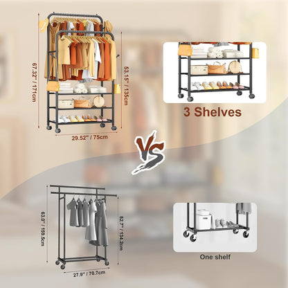 Furologee Double Rod Clothing Rack with Wheels – Portable Rolling Garment Rack for Bedroom, Laundry & Living Room
