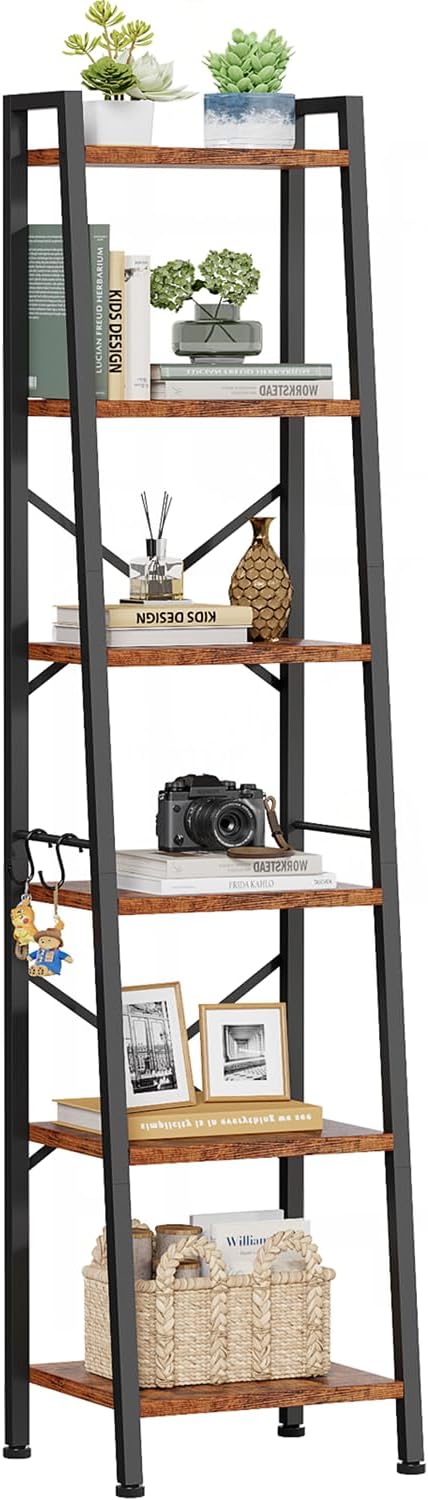Furologee Ladder Bookshelf, Tall Narrow Metal & Wood Bookcase with Hooks, Rustic Brown Leaning Shelf for Living Room, Bedroom, Bathroom, Kitchen