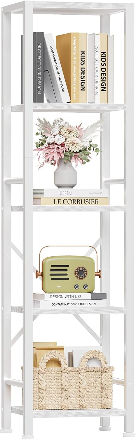 Furologee 5/6-Tier Narrow Bookshelf, Rustic Wood & Metal Display Shelf for Bedroom, Living Room, Home Office