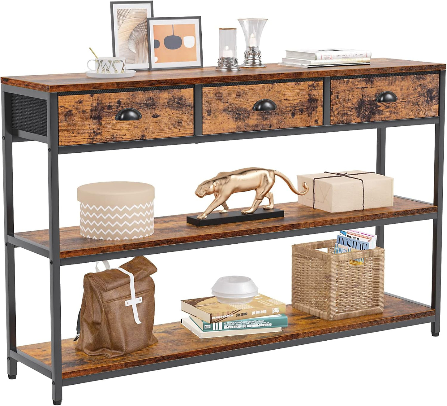 Furologee 47” Entryway Console Table with Drawers & Storage Shelves, Industrial Sofa Table for Hallway or Living Room