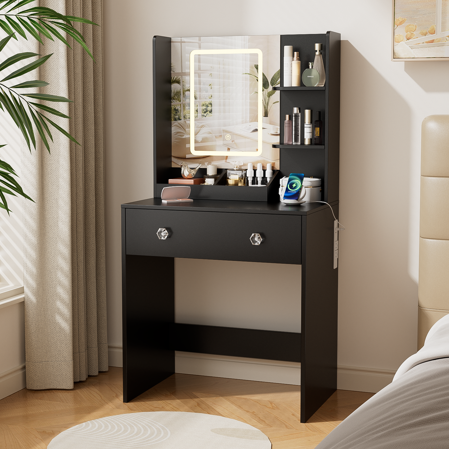 Vanity Desk with Mirror and LED Lights, Modern Small Makeup Vanity Desk with 2 Drawers, 3 Storage Shelves, 24 Inches Make UP Dressing Table with Power Outlet, 3 Adjustable Lights for Bedroom, Black