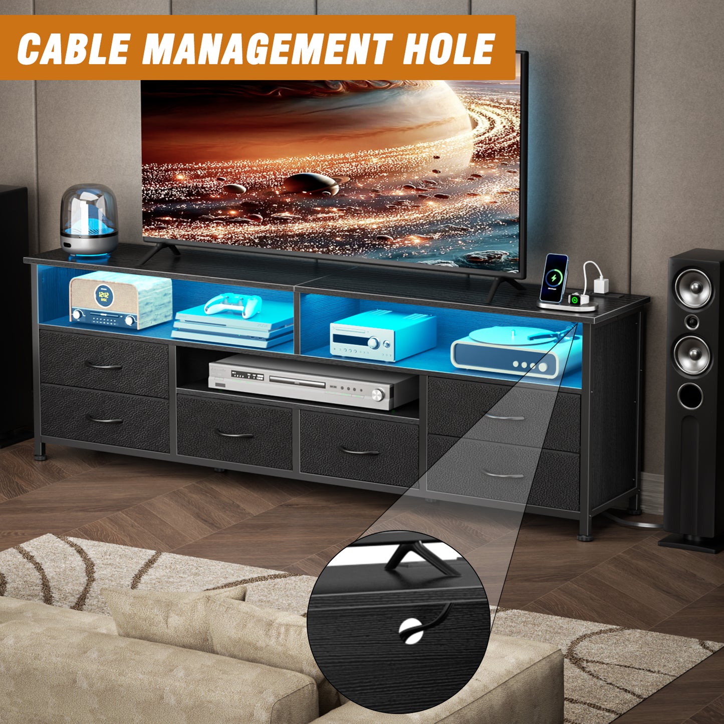 Furologee 63 Inch Entertainment Center Dresser for Bedroom, TV Stand for 65 70 Inch TVs, 6 Drawers Dresser with Power Outlets and LED Lights, Media Console with PU Leather Surface for Living Room