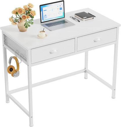 Furologee 34” White Computer Desk with Fabric Drawers & Hooks – Small Home Office or Vanity Table
