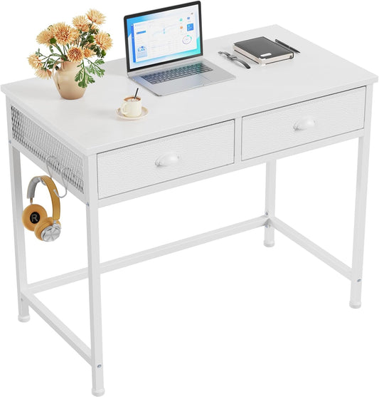Furologee 34” White Computer Desk with Fabric Drawers & Hooks – Small Home Office or Vanity Table
