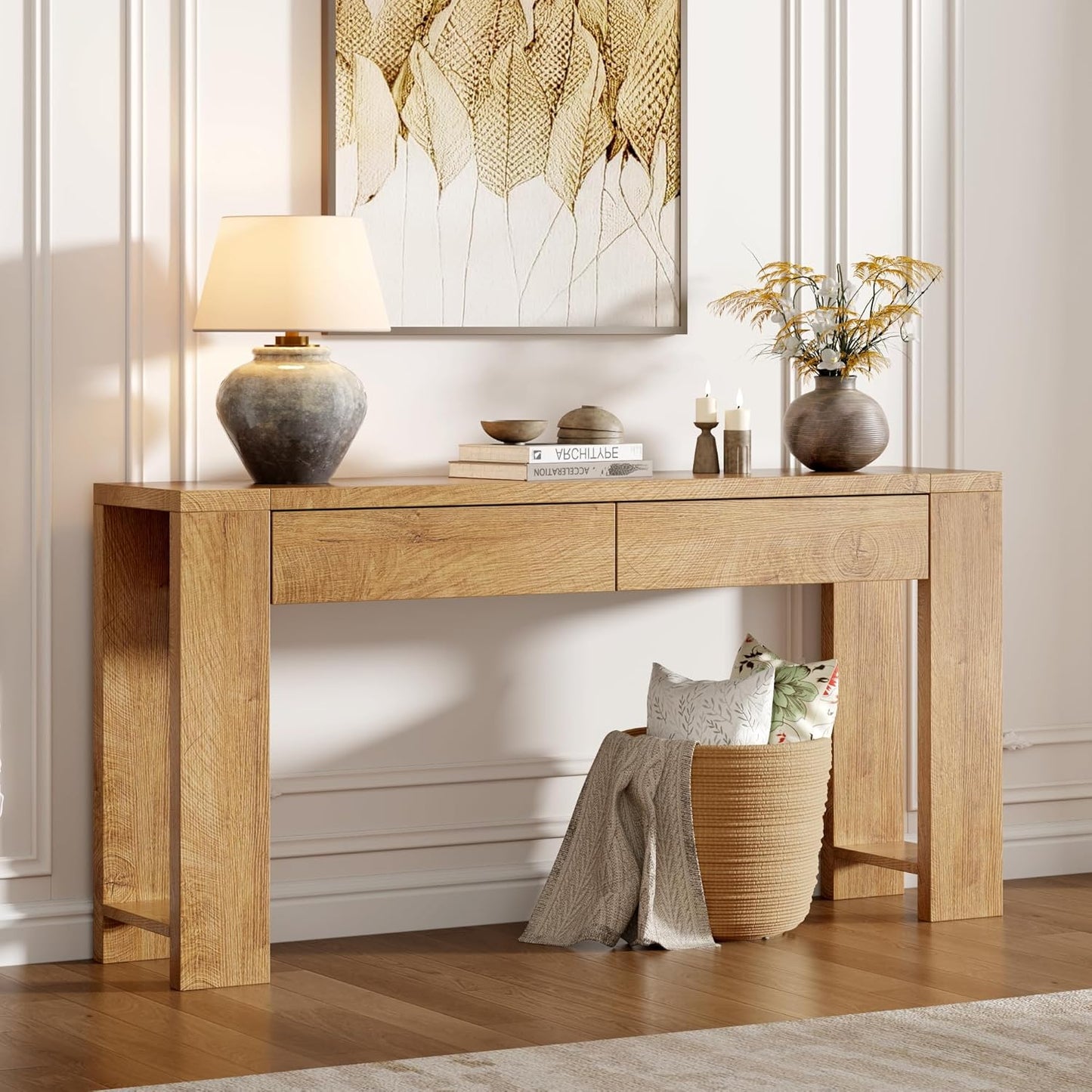 Furologee 60 inch Long Entryway Console Table with Drawers, Farmhouse Sofa Table Behind Couch, Entrance Accent Table for Hallway, Living Room, Foyer, Bedroom, Wooden Thick Tabletop
