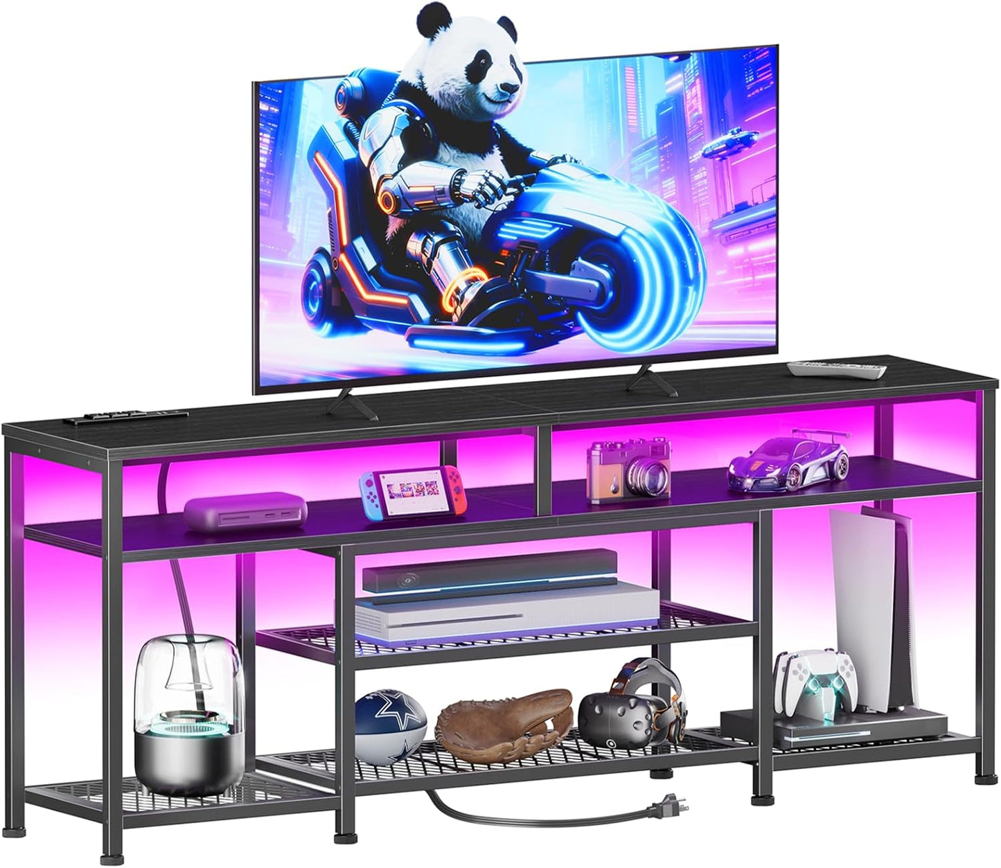 Furologee TV Stand with Power Outlets and LED Lights, 55 Inch Entertainment Center Black