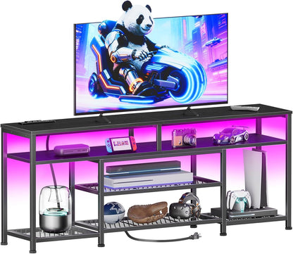 Furologee TV Stand with Power Outlets and LED Lights, 55 Inch Entertainment Center Black