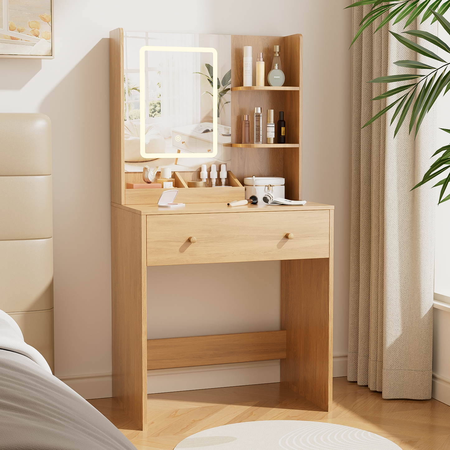 Vanity Desk with Mirror and LED Lights, Modern Small Makeup Vanity Desk with 2 Drawers, 3 Storage Shelves, 24 Inches Dressing Table with Power Outlet, 3 Adjustable Lights for Living room, Wood